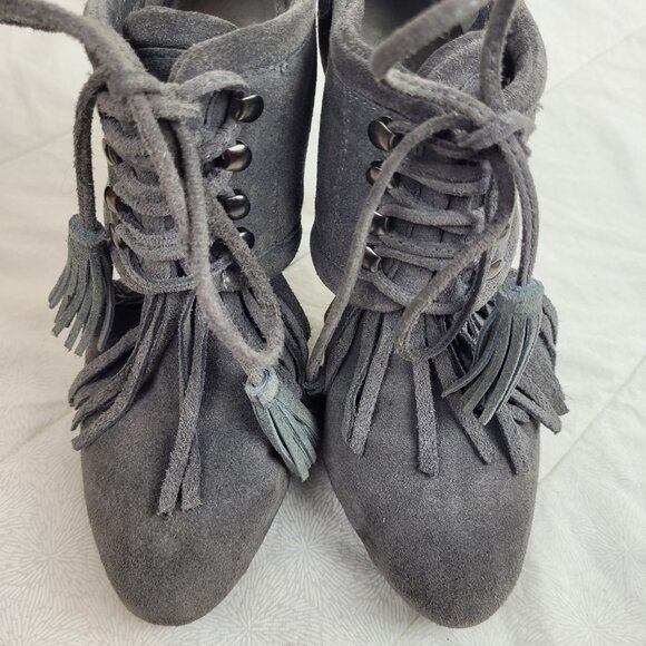 Colin Stuart gray suede booties fringe leather ties tassels stiletto heels 6.5 - Picture 5 of 13